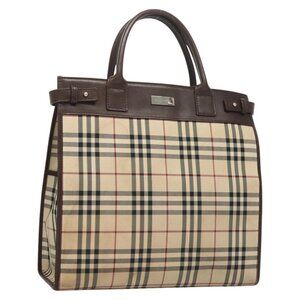 BURBERRY Nova Check Tote Bag Nylon Beige Silver Auth 126392